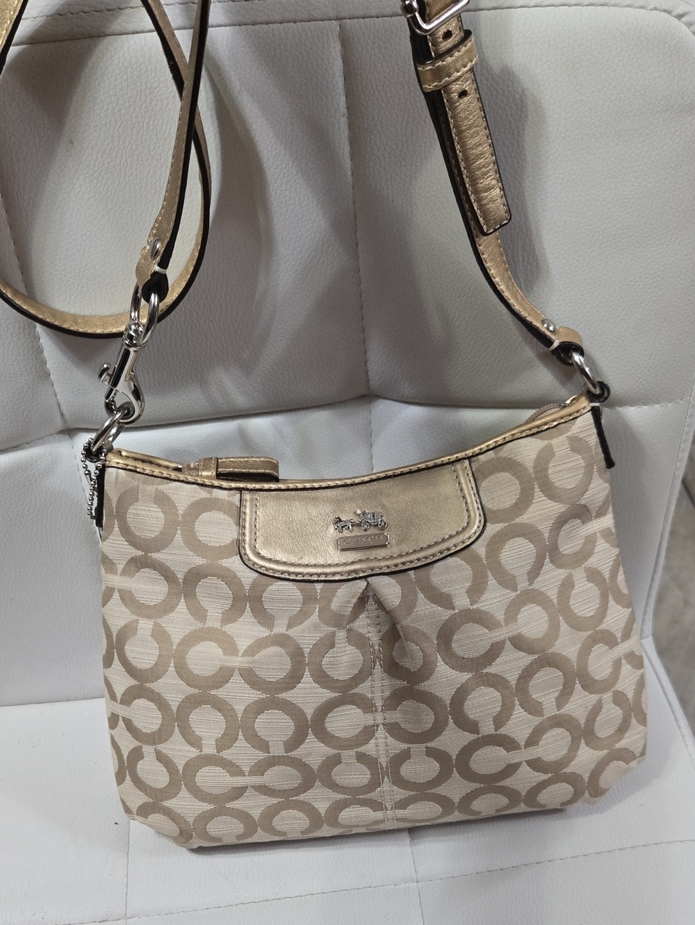 Coach Beige Signature Jacquard Crossbody with Gold Trim